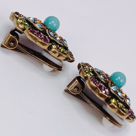 VTG Signed Heidi Daus Gold Tone Floral Clip On Earrings Glass Rhinestone Vibrant - Picture 5 of 9